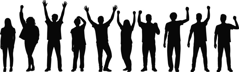 Group of people silhouette, team standing, unity concept, raised hands, crowd cheering, human outline, community support vector