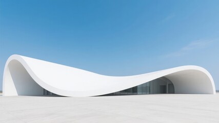 Modern White Architectural Structure with Curved Design Under Clear Blue Sky