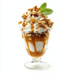parfait with alternating layers of rich butterscotch sauce, whipped cream, and crispy caramelized nuts