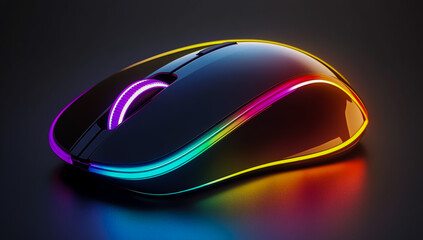 A sleek and modern wireless mouse with vibrant neon lighting on the sides and a prominent illuminated central button,