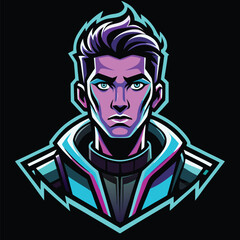 Esports Team Logo Featuring a Confident Man with Stylish Hair, Set Against a Hexagonal Shape with Vibrant Colors