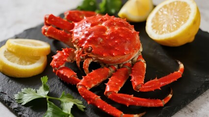 A king crab is placed on a black slate, paired with lemon slices, cilantro, and brussels sprouts, presenting an exquisite seafood platter.