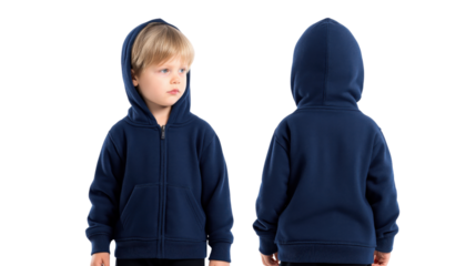 Toddler boy wearing navy blue zip up hoodie front and back views isolated on a transparent background