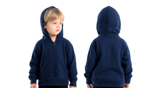 Toddler boy wearing navy blue zip up hoodie front and back views isolated on a transparent background