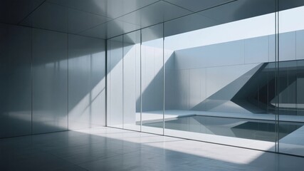Obraz premium Modern Architectural Interior with Glass Walls and Geometric Shadows