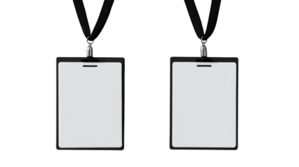 Two blank white identification badges with black lanyards hanging isolated on a transparent background