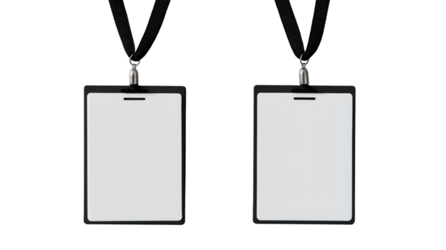 Two blank white identification badges with black lanyards hanging isolated on a transparent background