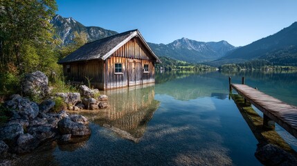 Naklejka premium Wooden boathouse on Lake Oberbayern shore with mountain reflections, peaceful German alpine landscape and old dock extending to clear waters