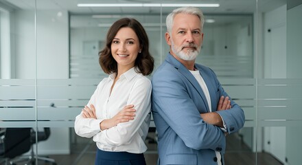 This image features two confident professionals, a woman and a man, standing back-to-back in an office.