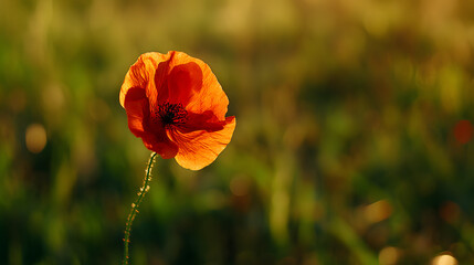 Obraz premium A vibrant red poppy bathed in golden sunset light, symbolizing remembrance and beauty.