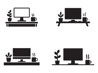 Minimalist Black and White Office Setup Icons with Desks Computers Plants and Coffee