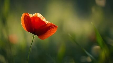 Obraz premium A vibrant red poppy bathed in golden sunset light, symbolizing remembrance and beauty.