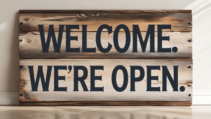 Rustic wooden sign with bold black text saying "WELCOME. WE'RE OPEN." leaning against a white wall on a wooden floor.