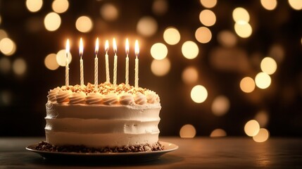 Cake with candles glowing in a dimly lit party setting on blurred background 