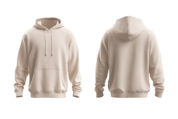 Two views of a light beige hooded sweatshirt with front pocket and drawstrings isolated on a transparent background