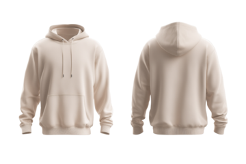 Two views of a light beige hooded sweatshirt with front pocket and drawstrings isolated on a transparent background