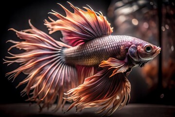 Fototapeta premium Majestic siamese fighting fish displays vibrant fins and scales in a dark aquatic environment
