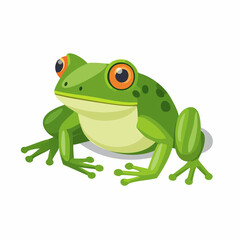 Obraz premium Cartoon green frog illustration with orange eyes in a playful pose against a white background