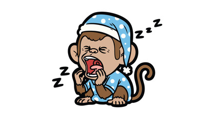 Cartoon monkey wearing a nightcap and pajamas, yawning widely with "Zzz" symbols around it.