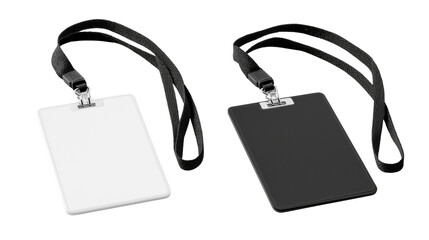 White and black identification badges with lanyards isolated on a transparent background image