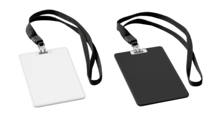 White and black identification badges with lanyards isolated on a transparent background image
