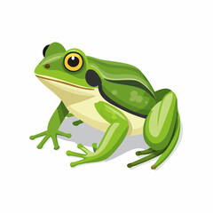 Cartoon depiction of a bright green frog sitting against a plain white background