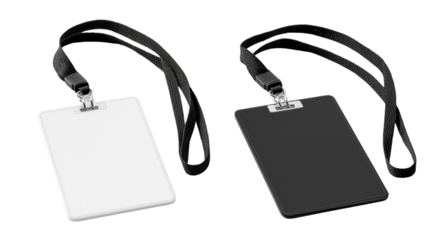 White and black identification badges with lanyards isolated on a transparent background image - Powered by Adobe