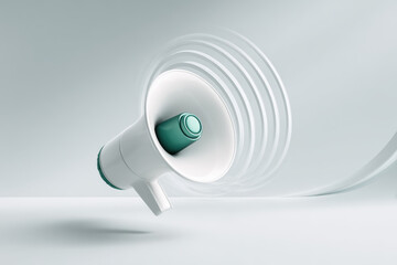 White megaphone emitting sound waves on a light background