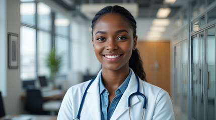 Confident African American Female Doctor in White Coat with Stethoscope in Well Lit Office Interior