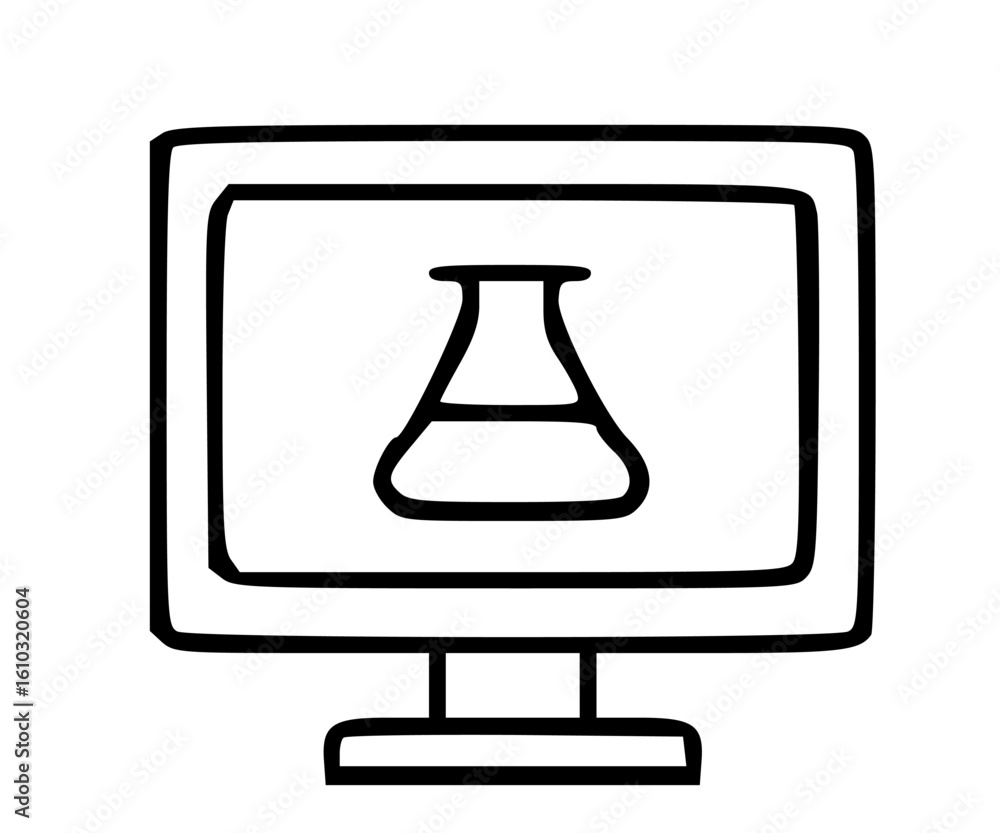 Poster a simple line drawing of a computer monitor displaying a beaker, symbolizing online science or resea