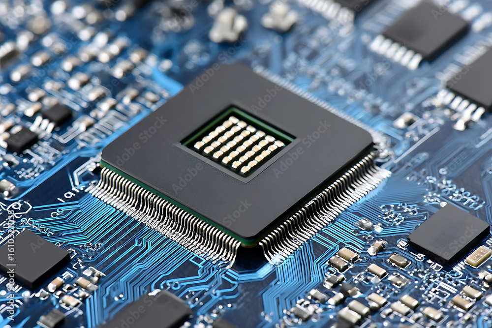 Poster close-up view of a computer processor on a circuit board showcasing intricate electronic connections