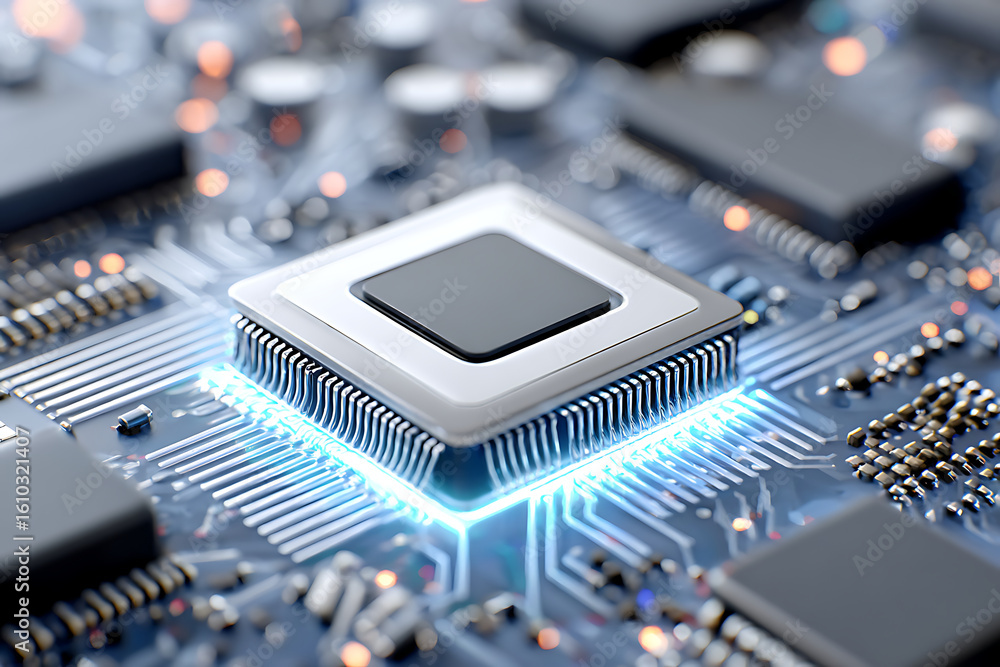 Poster technology component showcased under bright light on a microchip close-up at a laboratory