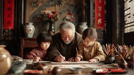 Grandparents teaching Mandarin to grandchildren at home surrounded by traditional decor soft natural light real photo stock photography