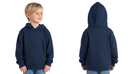 Young boy wearing a navy blue hooded sweatshirt front and back views isolated on a transparent background