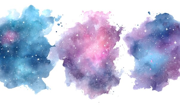 star clusters with nebula effect in shades of blue, pink and purple, watercolor style