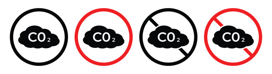 No CO2 Emission Icon Set – Red Prohibition Signs for Carbon Emissions, Eco-Friendly and Environmental Safety Vector Collection.