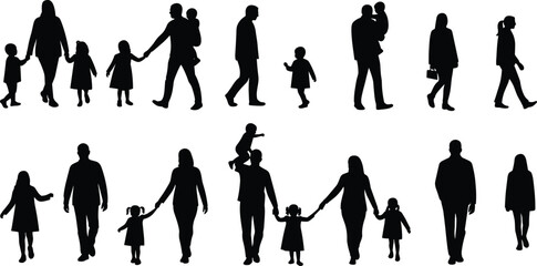  Family and people silhouettes collection, parents and children walking, diverse individuals, various poses, full body figures, community, bonding.