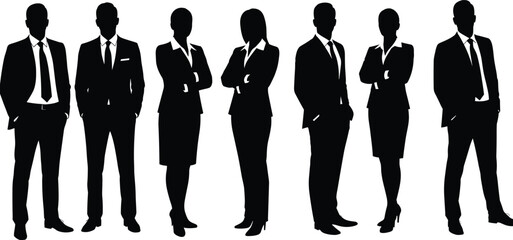 Professional business team silhouettes set, diverse men and women in suits, confident poses, corporate staff, office environment, leadership, and success.