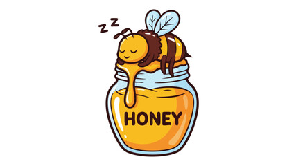 A cartoon bee sleeps peacefully atop a jar of honey, with honey dripping down the sides.
