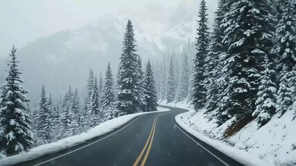 Snowy mountain road through forest - Powered by Adobe