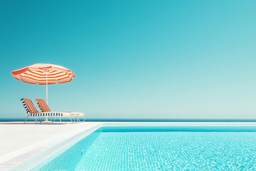Obraz na płótnie Canvas Luxury swimming pool with turquoise water and striped sun umbrella next to lounge chairs, minimal seaside resort view under clear blue sky, summer vacation background with modern travel, relaxation, a