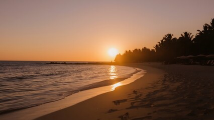 Beautiful sunset on the beach in the tropics. The concept of travel and vacation.