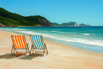 Two colorful beach chairs facing ocean waves on tropical sandy shore, peaceful summer holiday scene with blue sky and distant coastline, relaxation and travel concept for vacation getaway, coastal lei