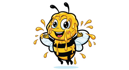 Obraz premium Cartoon bee character covered in dripping honey, smiling with outstretched arms and wings.