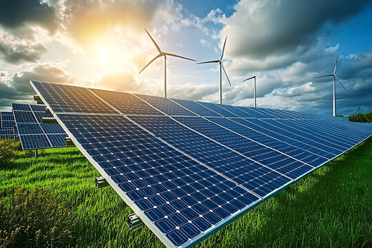 Solar panels field with wind turbines during bright sunset, sustainable energy generation landscape, clean renewable electricity source, eco-friendly green technology for carbon neutral future and cli