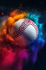 A dynamic baseball bursts through a colorful explosion of powder, showcasing vibrant hues