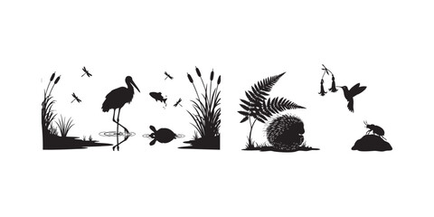 Silhouette wildlife nature scene vector illustration with animals and plants art