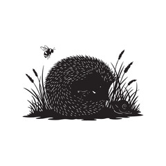 Hedgehog silhouette vector graphic illustration with bee and snail in grass art