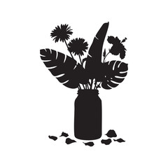 Black silhouette flowers in mason jar vector illustration floral arrangement art