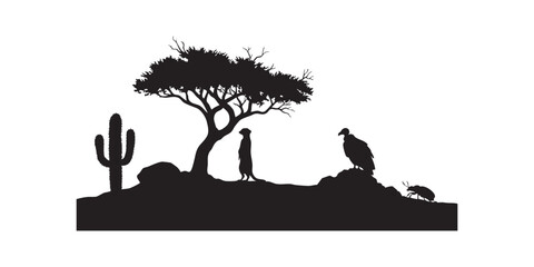 Silhouette desert landscape with meerkat vulture cactus and tree vector graphic art